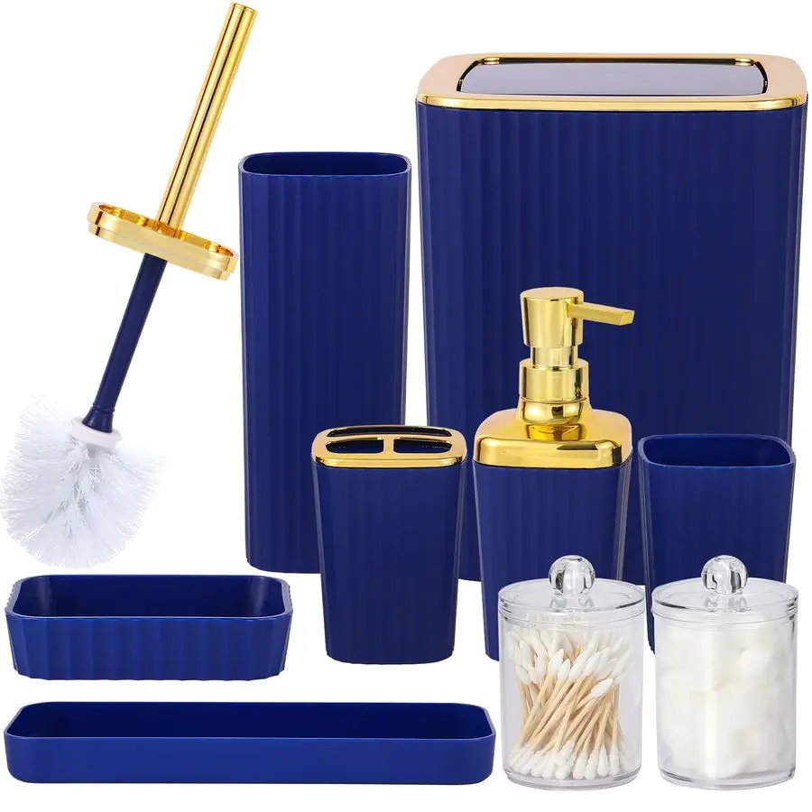 

Bathroom Accessory Set,9 Pieces Navy Blue Bathroom Accessories Set with Trash Can, Toothbrush Holder, Soap Dispenser, Toothbrush