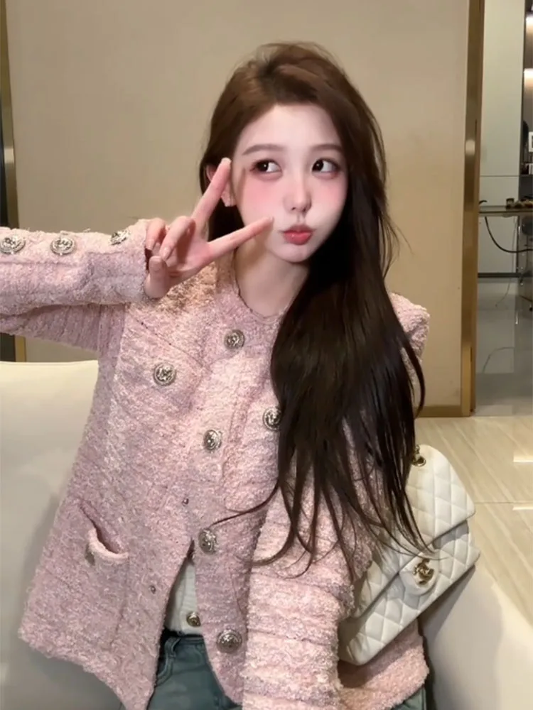 韓国風ピンクウールコート レディース 冬服 ファッション ユニーク 美しいボタンアップトップ レディース スタンドフィットジャケット