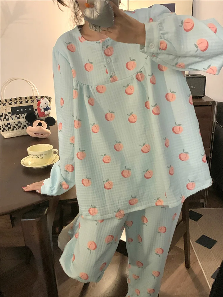 Conjunto de pijama de manga larga con estampado de melocotón para mujer, ropa de dormir suave y cálida, estilo femenino, Otoño e Invierno