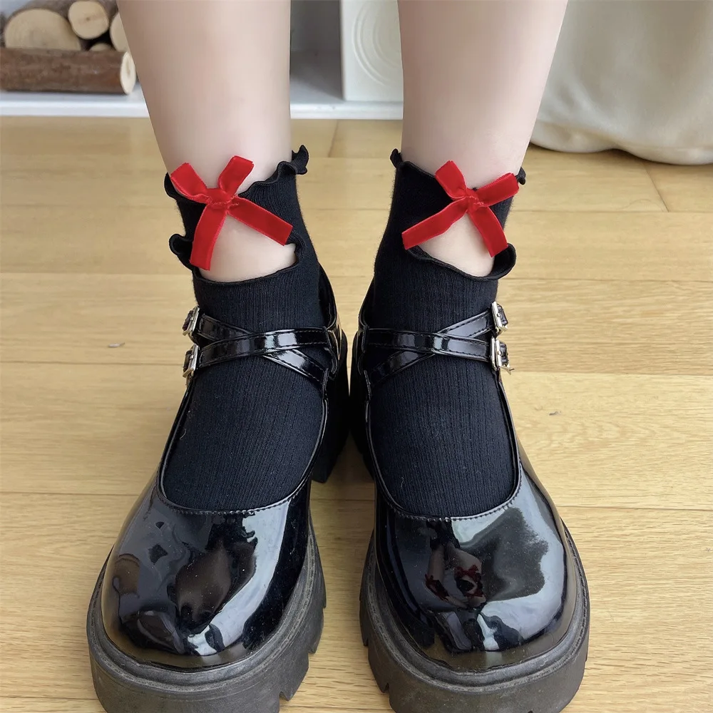 

Милые носки с оборками в стиле "Лолита", бархатные милые короткие носки с бантом для девочек, однотонные черные белые женские носки JK в японском стиле, Sox