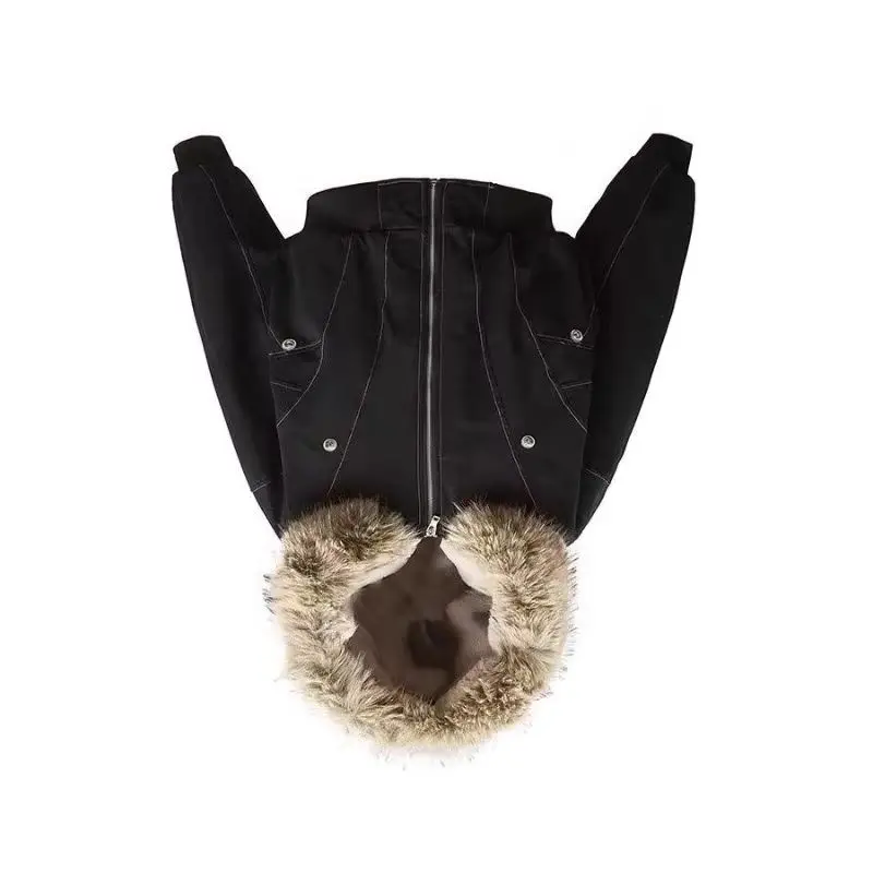 American Retro Black Seat Mountain Carving Jacket Women's Winter Pie Overcomes Velvet and Thickened Short Jacket Cotton Clothes