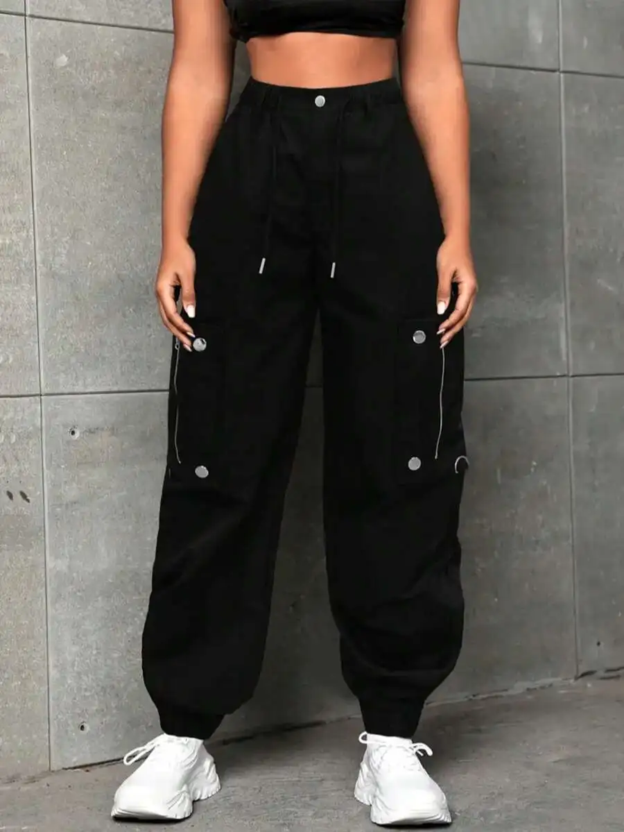 Plus Size Cargo Parachute Pants For Women, High Waist Baggy Fit Polyester Pants, Vibrant Red Streetwear Pants With Zipper