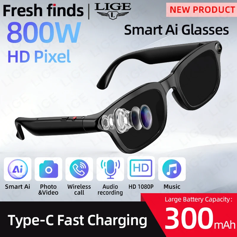 

Умные очки LIGE New 800W Pixel Smart AI с функцией записи видео 1080P, Bluetooth-звонками, переводом более 100 языков и воспроизведением музыки.