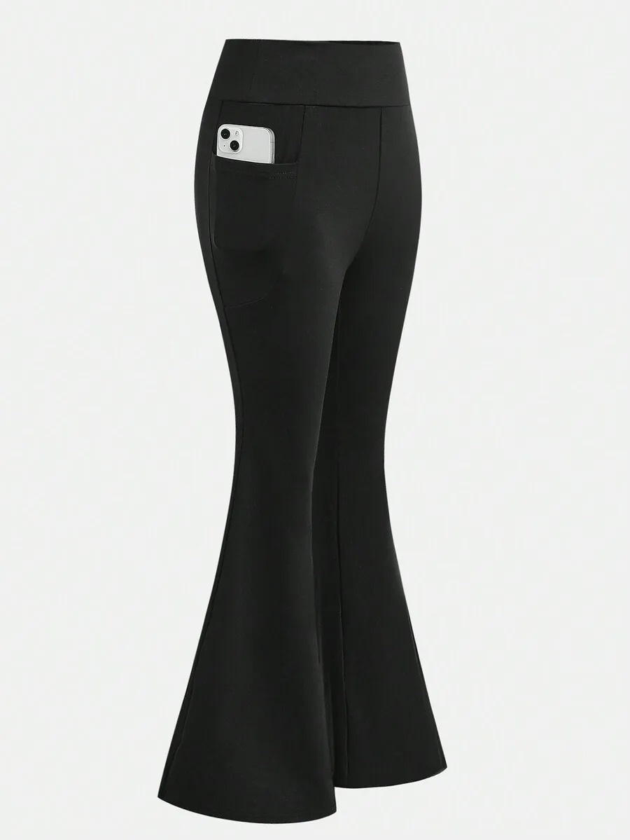

High-Waisted Stretch Bell Bottom Pants with Phone Pocket for Girls