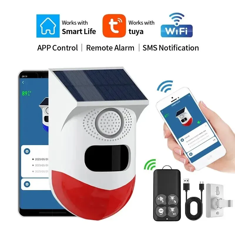 WiFi Tuya 2in1 Smart Remote Control Outdoor Charging Security Sound Alarm Detector Sensor Farm Garden Solar Infrared Siren Solar