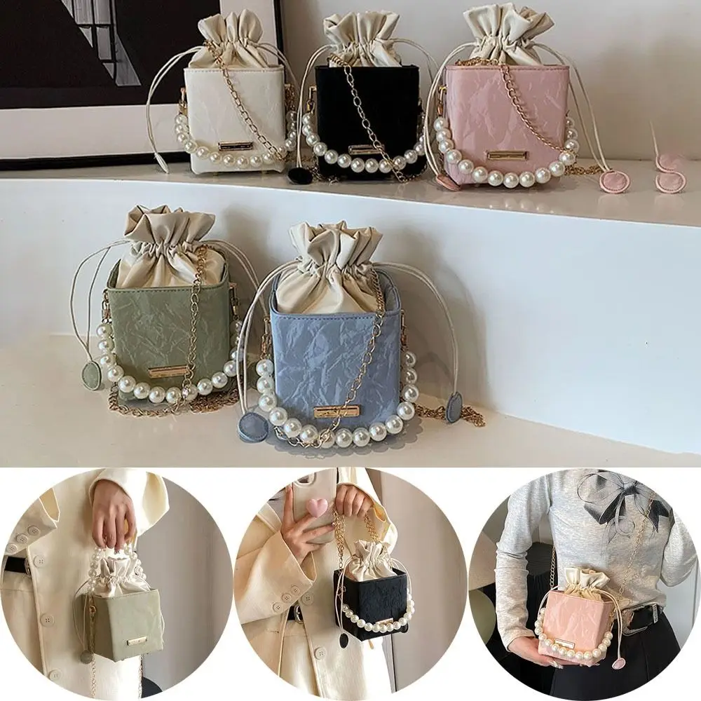 Vintage Fashion Chain Handbag Gifts PU Leather All-match Drawstring Handbag Small Square Bag Pearl Waist Bag Shoulder Crossbody