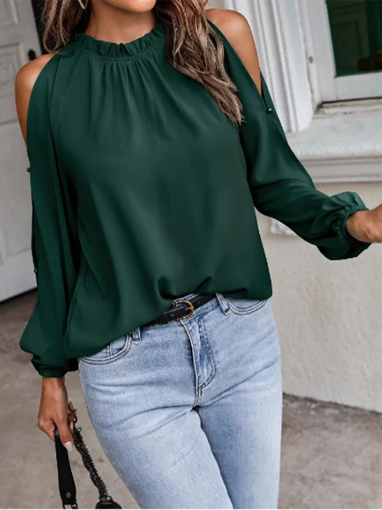 

Off Shoulder Sexy Pleated Long Sleeved Solid Color Round Neck Women's Shirt Daily Office Elegant Versatile Spring Top