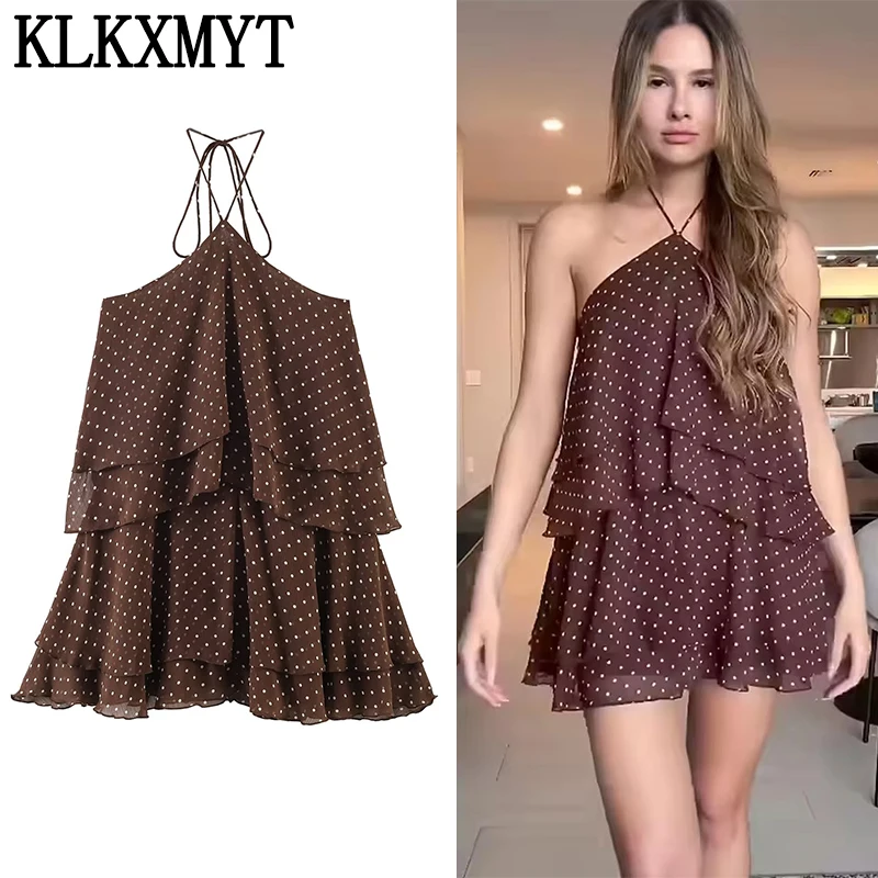 KLKXMYT Damen-Minikleid, lässig, mit Rüschen, gestuft, ärmellos, gepunktet, bedruckt, rückenfrei, sexy, mit Schnürung, Partykleider ﻿