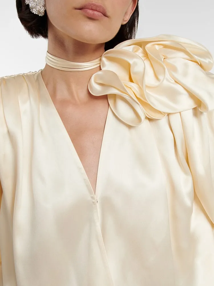 KBQ Spliced Appliques Satin Shirts For Women V Neck Long Sleeve Patchwork Lace Up Loose Solid Elegant Blouse Female Spring New