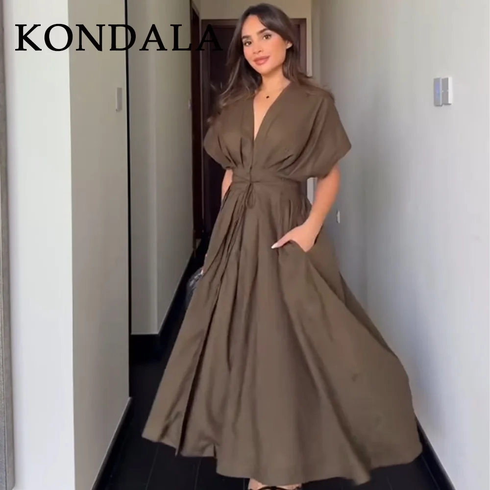 

KONDALA 2025 Fall Winter Vintage Women Dresses Fashion Single Breasted Sashes Draped V Neck Sleeveless Chic Brown Ladies Dresses