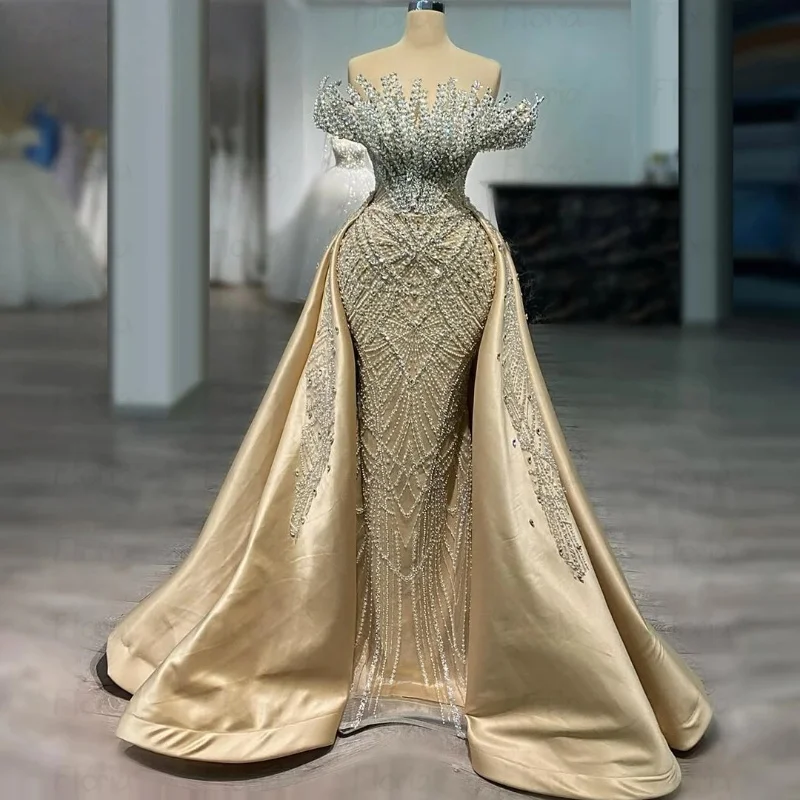 Abito da sera in raso champagne con spalle scoperte Abito da cerimonia formale a sirena con perline Abito da ballo staccabile di lusso personalizzato