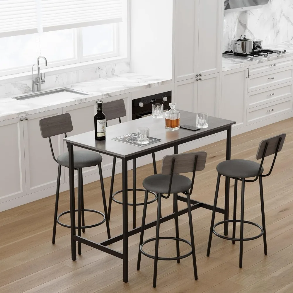 

5-Piece Modern Counter Height Dining Set - Grey Table with 4 Upholstered Stools, Space-Saving Industrial Set for Small Kitchen