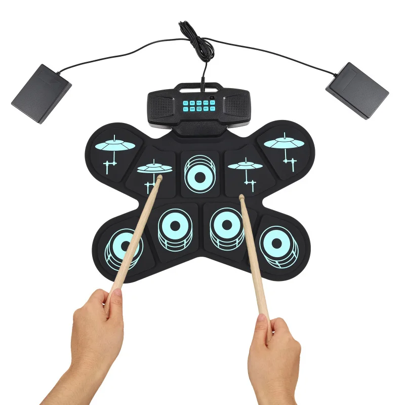 Electronic Drum Set Hand Roll Drum 9 Pads Dual Speaker Rechargeable Practice Pad Drum Kit with Drumsticks Foot Pedal WGS505