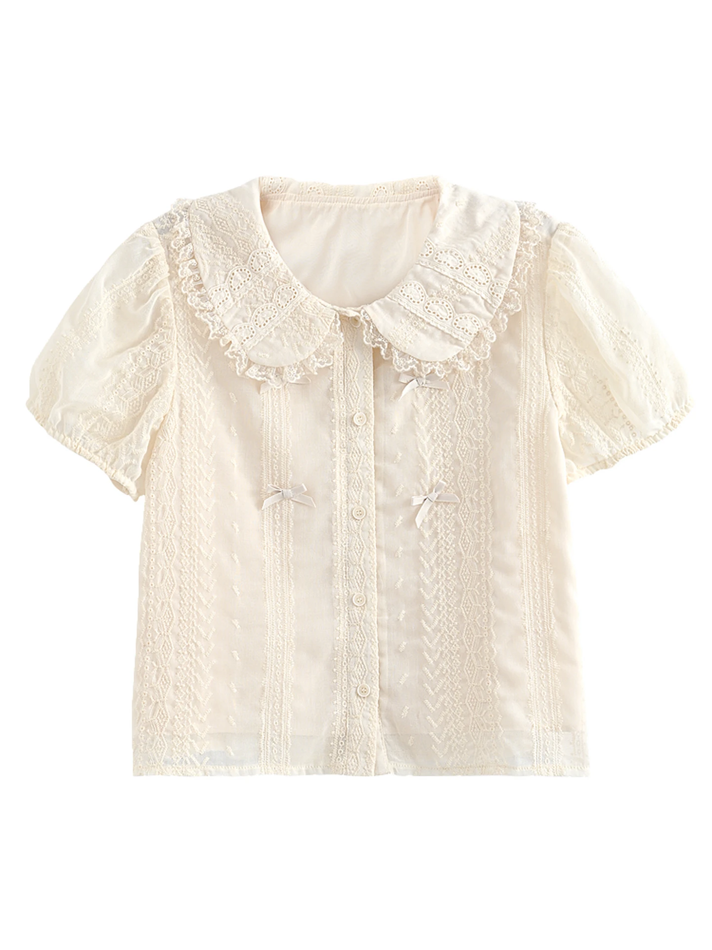 Sweet Style Loose Lace Patchwork Design Doll Collar Bubble Sleeve Women's Shirt Summer Versatile Casual Polyester Fiber Short...