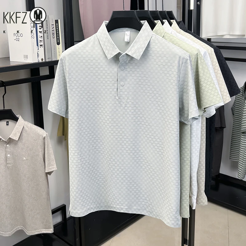 Business daily mens lapel polo t shirt micro square woven grain sweat resistant cool lightweight summer basic wear clothing