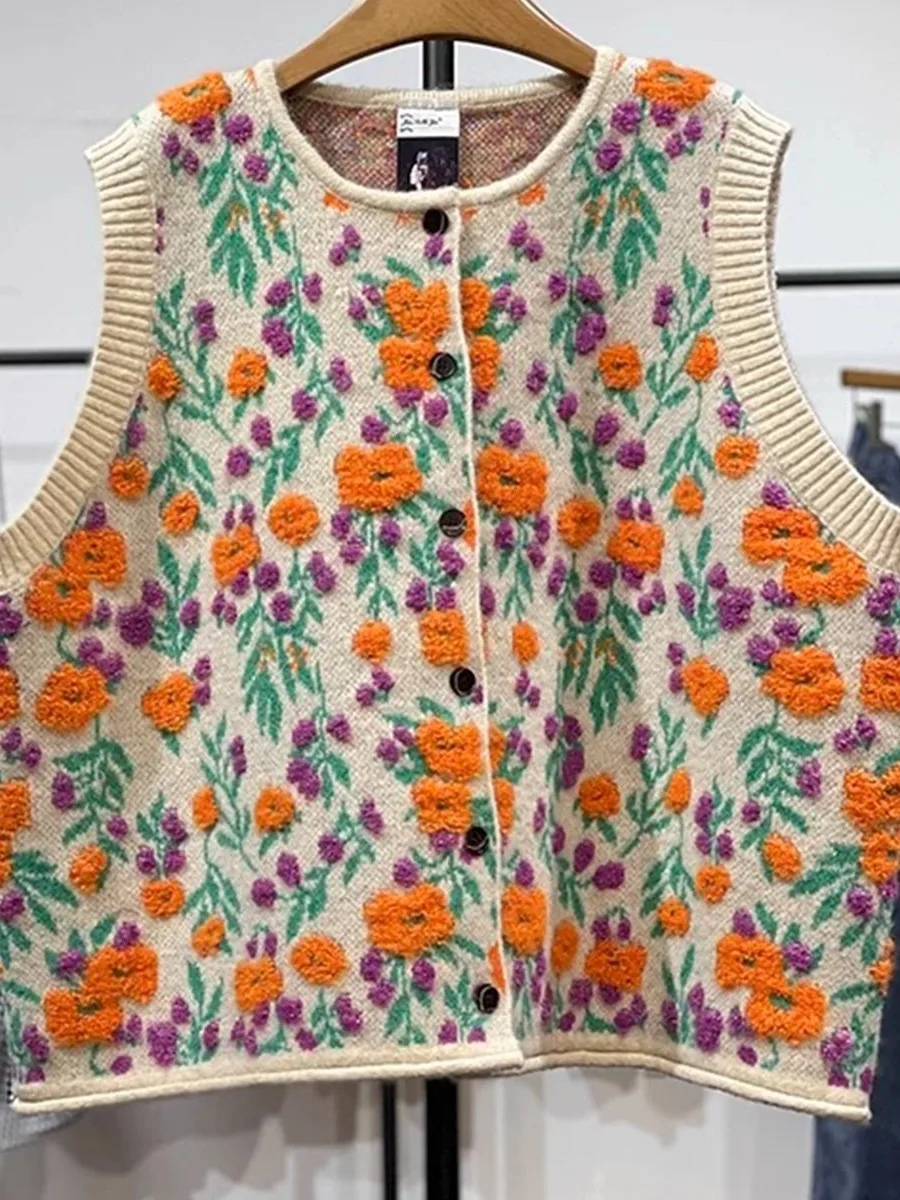 

Вязаный женский жилет в стиле ретро, осень-зима, Новое поступление, с цветочным растительным узором, для похудения, универсальный модный женский жилет...