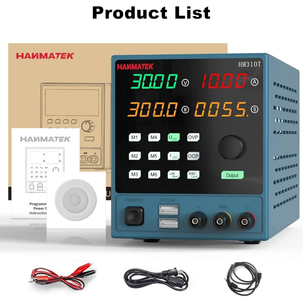 Programmable DC Power Supply (0-30 V 0-10 A) HM310T High Precision 4-Digit Voltage Current Power Time Display Variable