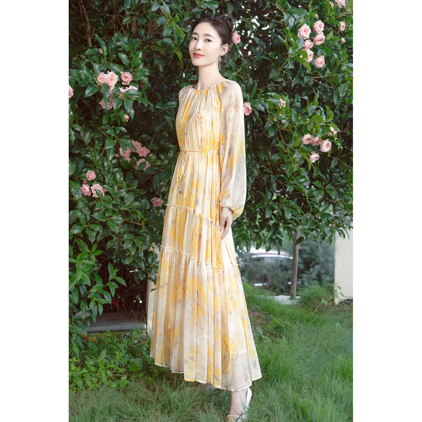 الغابات التنقل فانوس كم فستان زهري 2025 موضة سوبر الجنية الملابس النسائية عطلة نمط فستان طويل أنيق w1488 #3