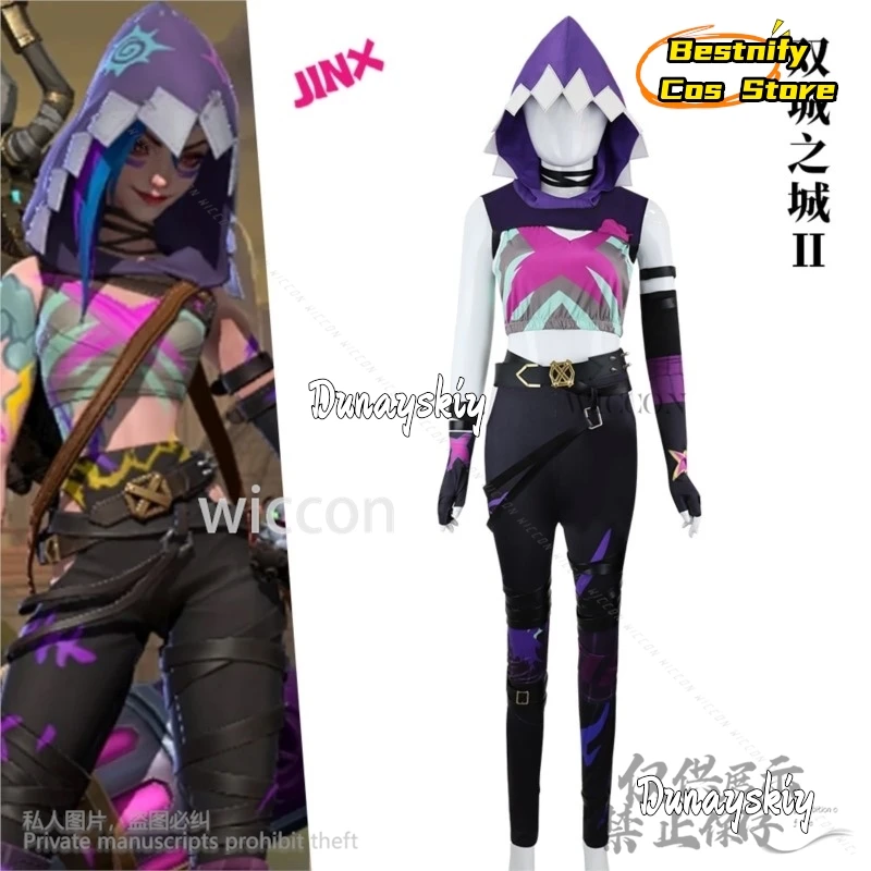 Anime 2 Arcane Cosplay Game LoL Jinx Costume Wigs Hat Uniform Cloak 3D Finger Props Set For Halloween Christmas Girls Customized