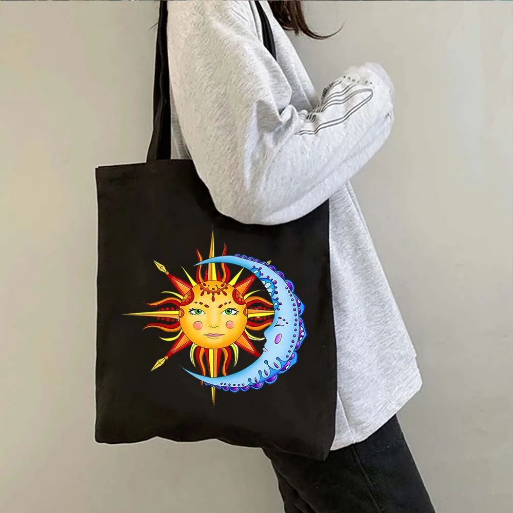 Vintage místico Celestia Eclipse Solar sol y luna diosa estrellas línea abstracta dibujo lienzo bolso de mano bolsos de compras de algodón