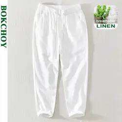 Summer New Casual Linen Ankle-length Pants for Men Clothing Simple Drawstring Thin Streetwear Oversize BL8226