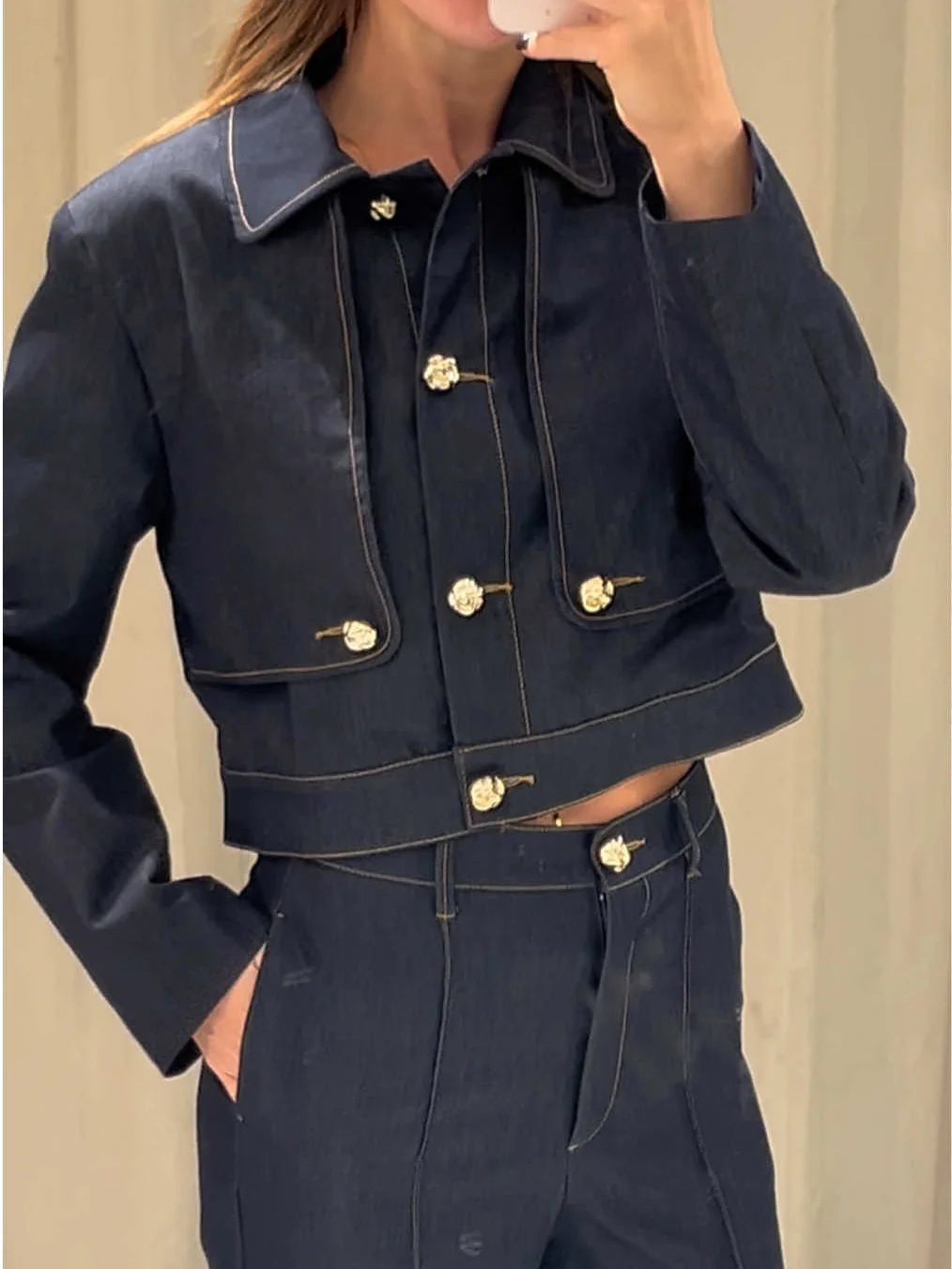 Traje de minifalda índigo a la moda para mujer, estilo callejero de otoño, Chaqueta corta bloqueada de color combinada con minifalda y pantalones