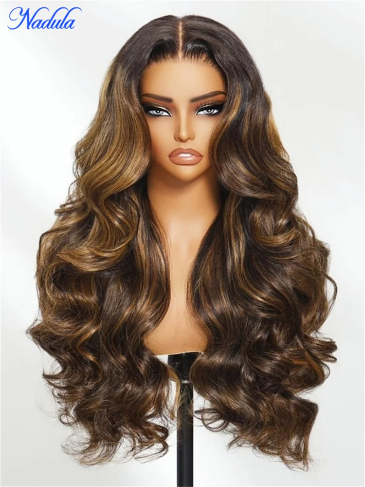 Nadula الرباط شعر مستعار بدون صمغ شعر الإنسان # FB30 Balayage شعر بشري بني اللون 7x5 عقدة مبيضة مسبقة القطع من الدانتيل