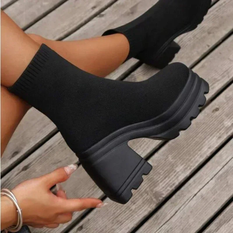 Fashion Knitted Ankle Boots women Casual Super High Heel Thick Bottom Shoes Female Autumn High-top Elastic Overfoot Sock Boots