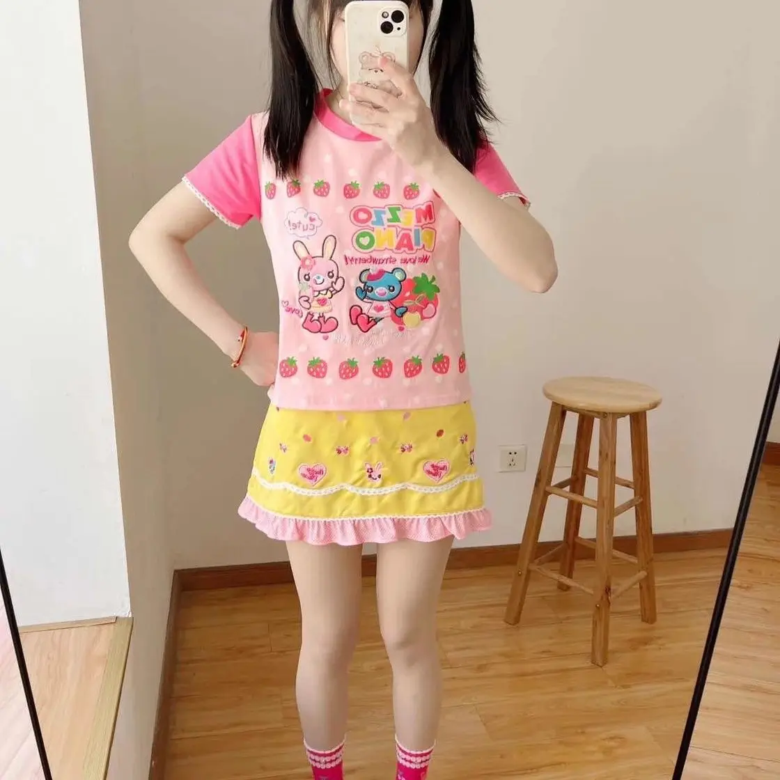 

Японская милая одежда для дочки, короткая футболка, новая летняя футболка с мультяшным принтом Mp клубники, милая футболка с короткими рукавами для девочек, укороченный топ Y2k