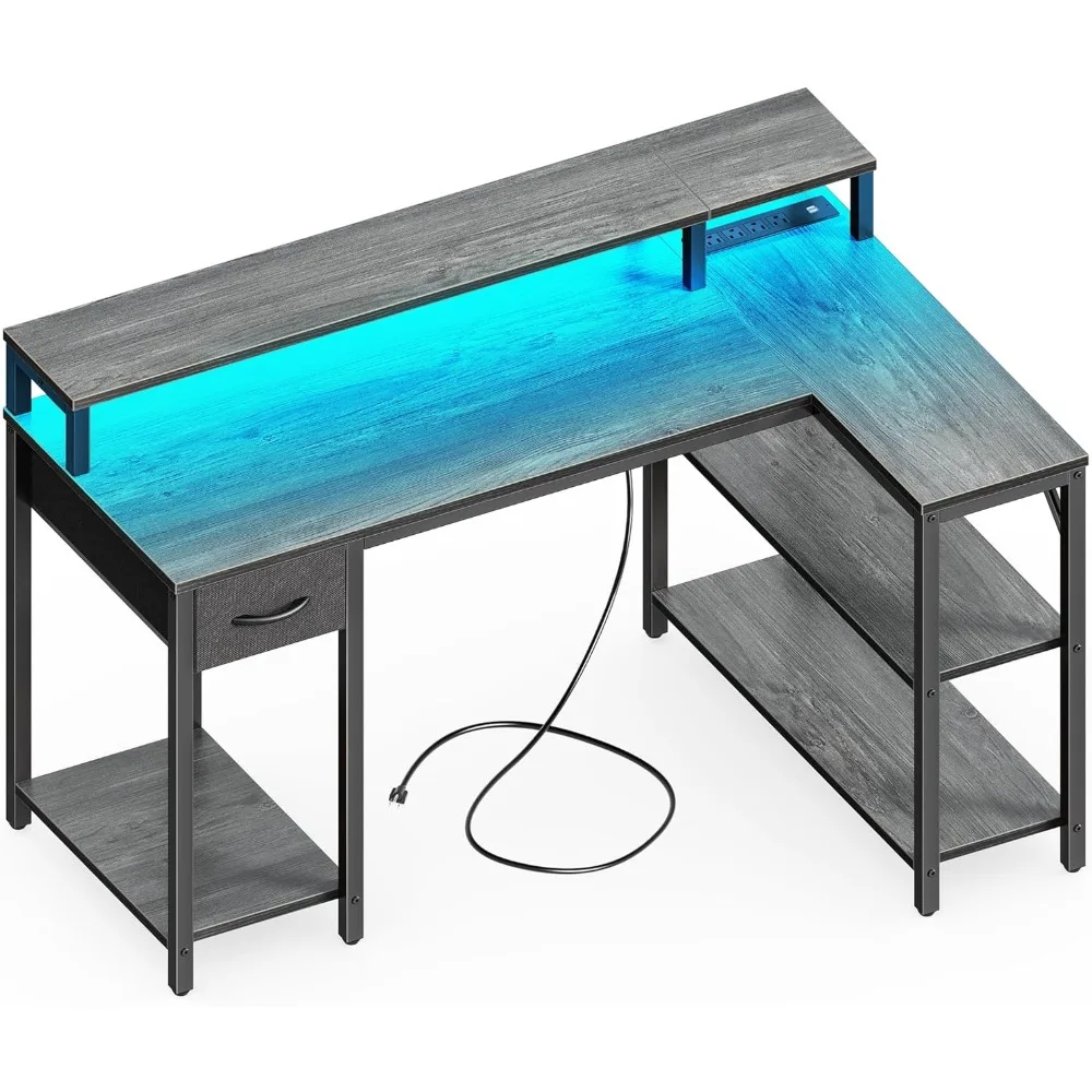 Bureau réversible en forme de L avec lumières LED et prises de courant, bureau d'ordinateur avec étagères et support de moniteur, bureau de jeu, 47 pouces