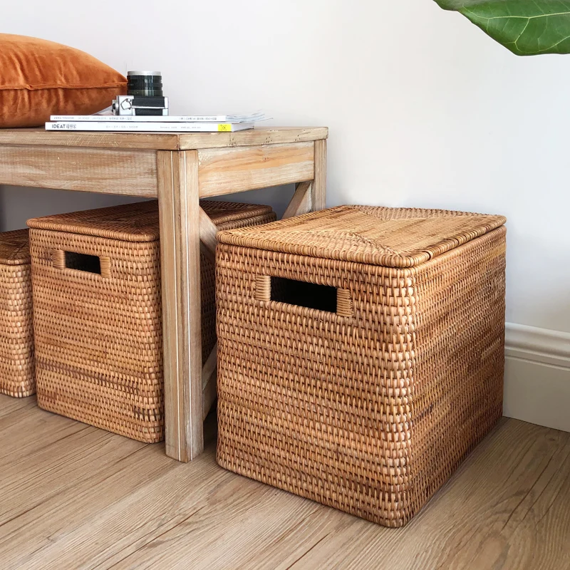 The product can be customized.Rattan storage basket with lid dirty clothes basket woven storage box, toy square organizing