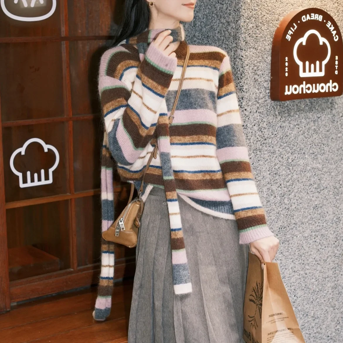 Trendy color matching striped crew neck Maillard knitted sweater women's new autumn and winter models