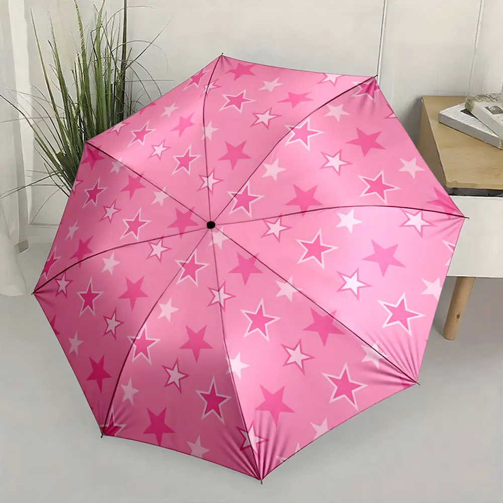 1PC Bright Pink Star Pattern Umbrella for Casual Use Print 8 Iron Ribs Folding Umbrella Auto-Open Fashion Sunshade