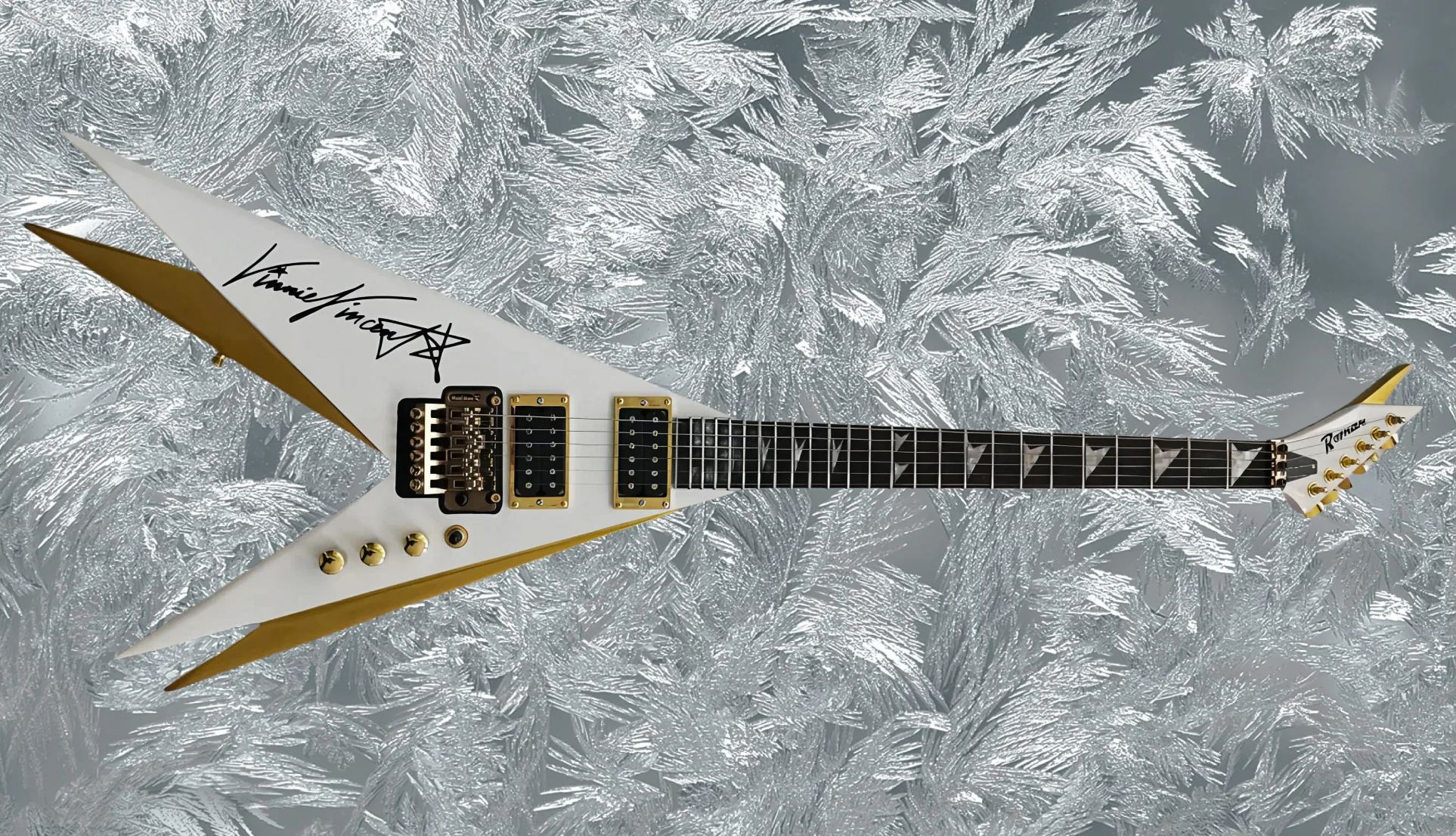 Double V Kiss Vinnie Vincent Pearl White Gold Flying V Electric Guitar Floyd Rose Tremolo Tailpiece, Locking Nut, Gold Hardware