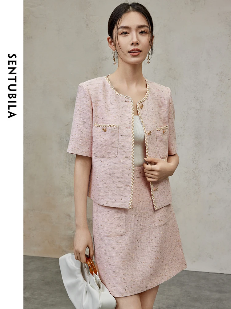 SENTUBILA Linen 2 Piece Set Women's 2024 Summer Woven Tape Metal Button Jackets A-line Skirt Texture New Matching Sets 142Z54551