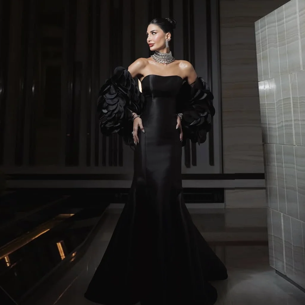 Vestidos de chaqueta Floral de 2 piezas para mujer, vestidos formales de satén de sirena sin tirantes con hombros descubiertos, vestido de noche árabe de Dubái fruncido