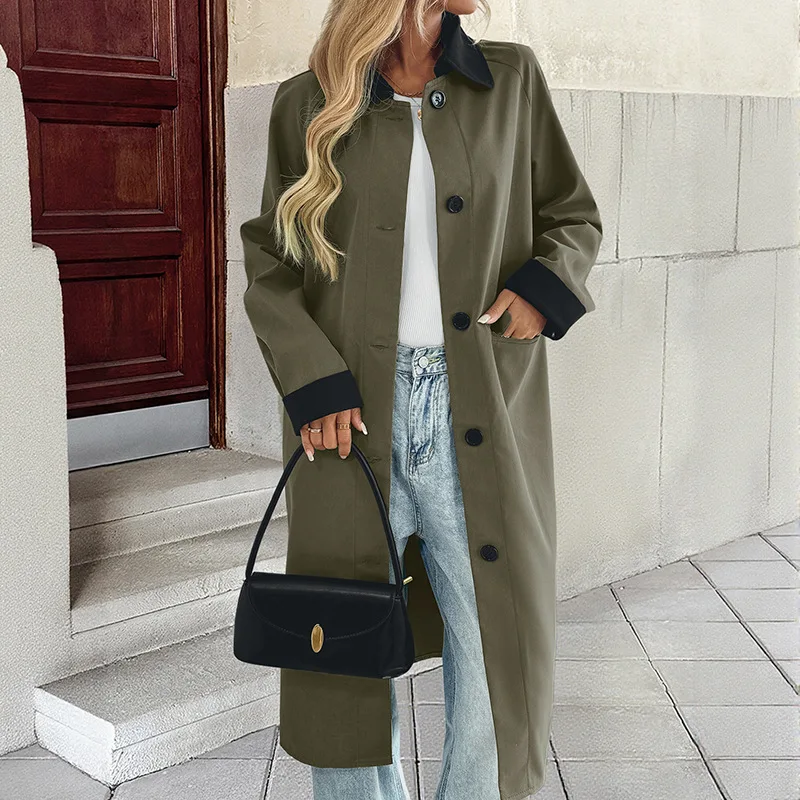 

2025 autumn new contrast color loose version windbreaker temperament commuting all-match long coat women