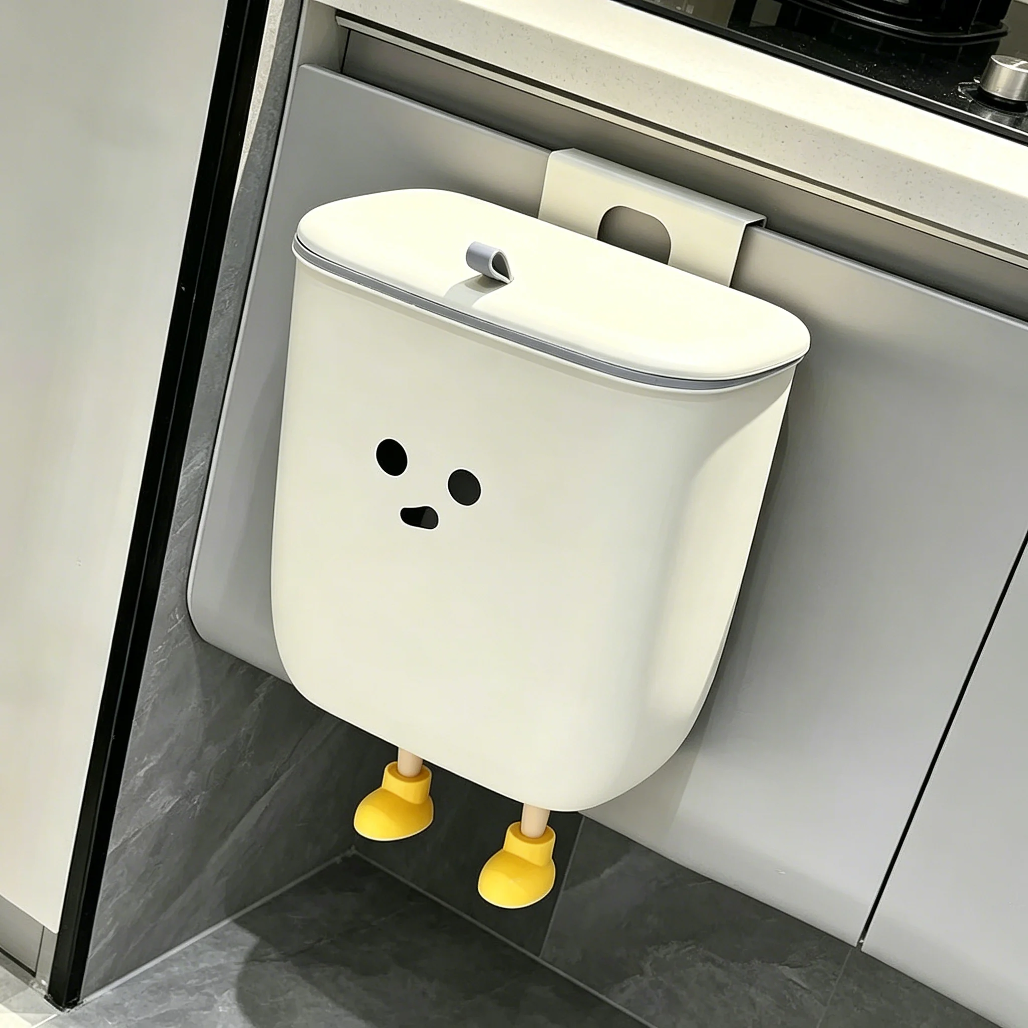 Cute Cartoon Wall‑Mounted Waste Bin With Flip Lid, Cabinet Door Hanging Large‑Capacity Odor‑Sealed Garbage Container for Kitchen Bathroom Home Decor