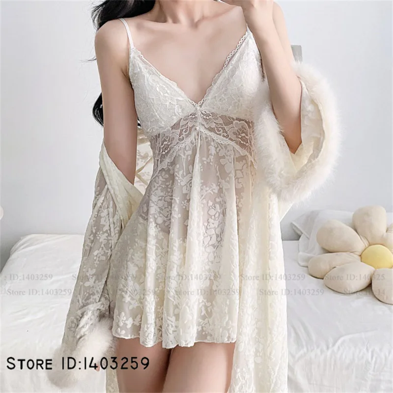 Sexy Intimate Lingerie Mujer Twinset Robe Set Nightgown Jacquard Velvet Sleepwear Bathrobe Gown Temptation Nightwear Homewear