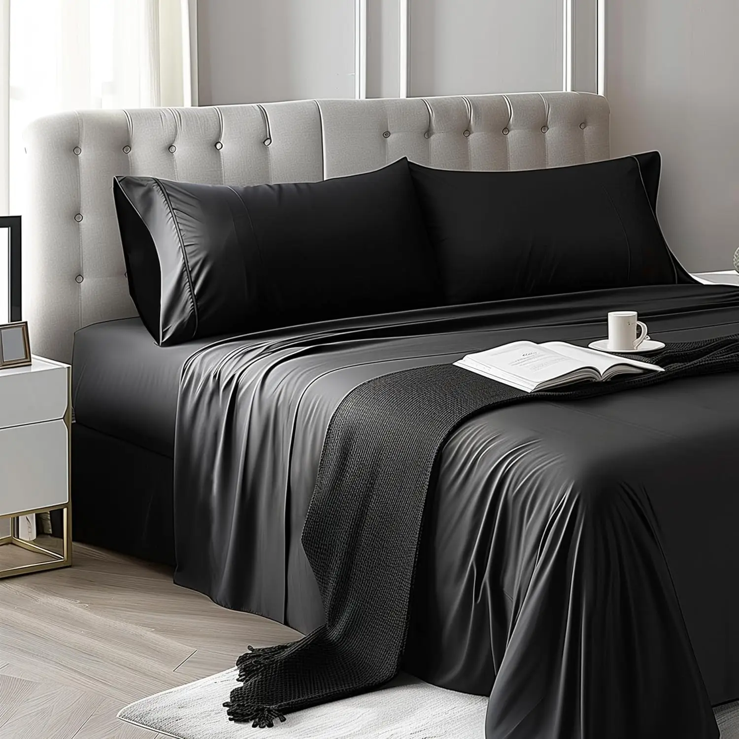 

Queen Size 4 Piece Sheet Set, Ultra Soft Microfiber, Deep Pocket, Cooling Bedding, Black