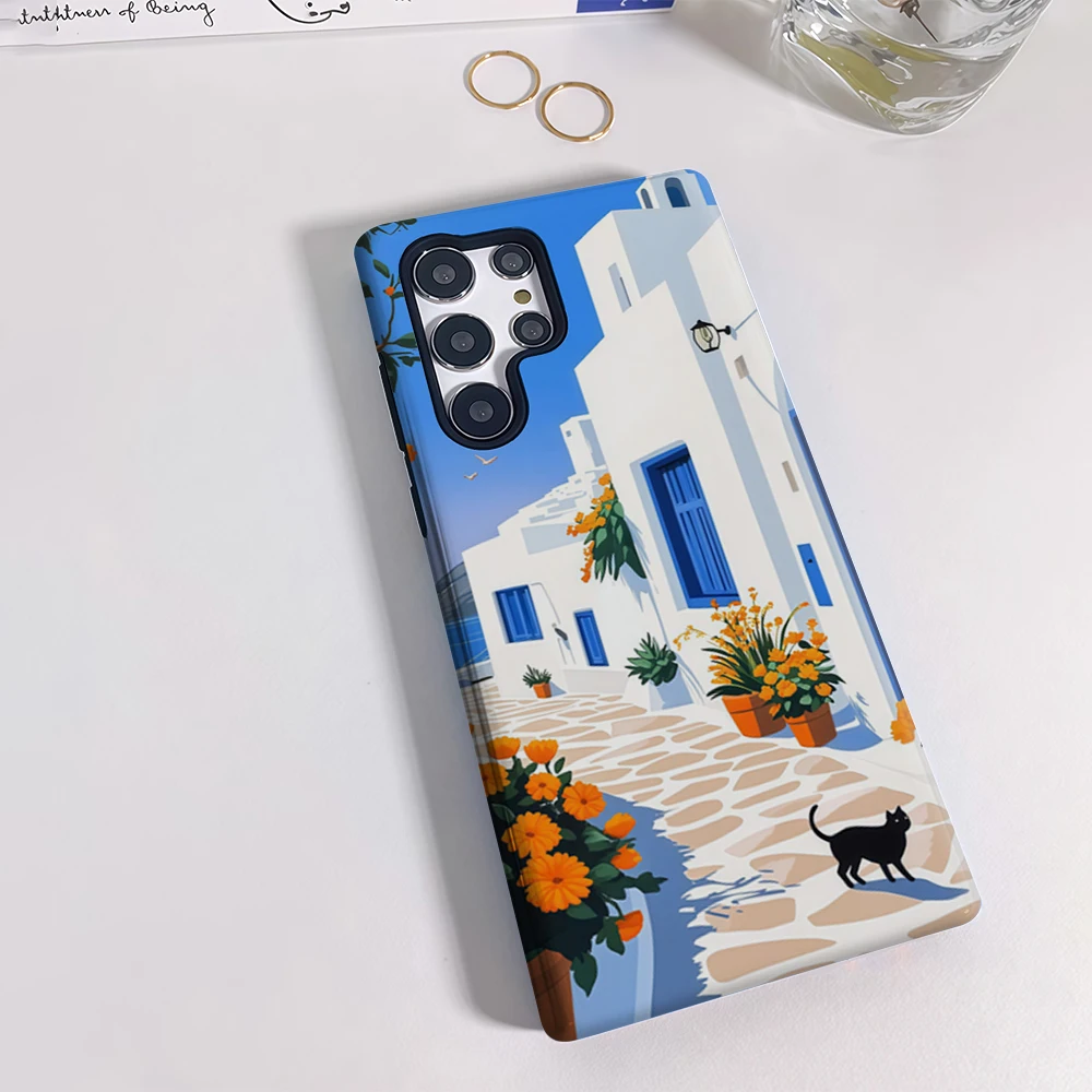 سانتوريني حافظة هاتف سوداء على شكل قطة لهاتف سامسونج جالاكسي S25 Ultra S24 S23 Ultra Plus غطاء خلفي لامع بطبقة مزدوجة #2