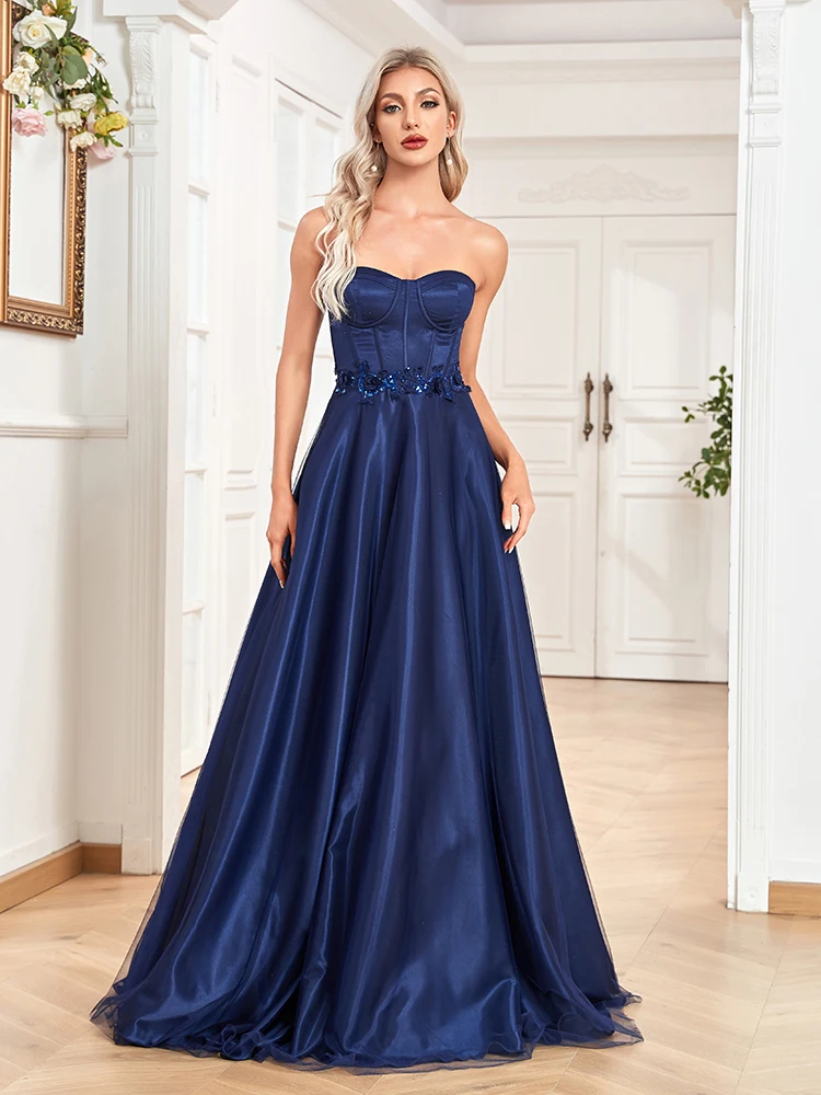 Lucyinlove Luxury Blue Strapless Evening Dresses 2024 2024 elegant Formal Prom Gowns A-line Celebrity Party Cocktail Dress