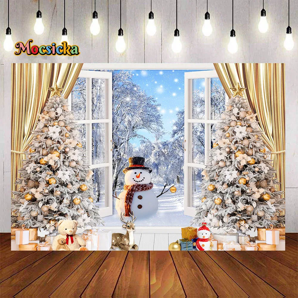 

Winter Window Photography Background Golden Curtains Christmas Tree Snowman Snow Backdrop Kids Xmas Gift Photobooth Studio Props