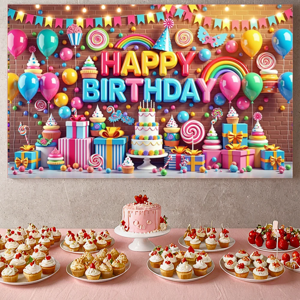 Aniversário feliz banner pano de fundo balões coloridos presentes bolo tema fantasia pano de fundo aniversário pendurado decoração suprimentos
