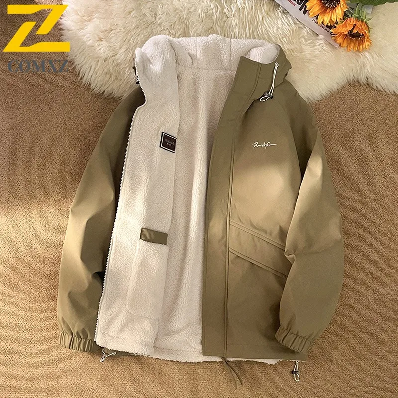 COMXZ Giacca Sherpa reversibile da uomo Cappotto da alpinismo impermeabile antivento Parka con cappuccio sportivo all'aria aperta in pile ispessito invernale