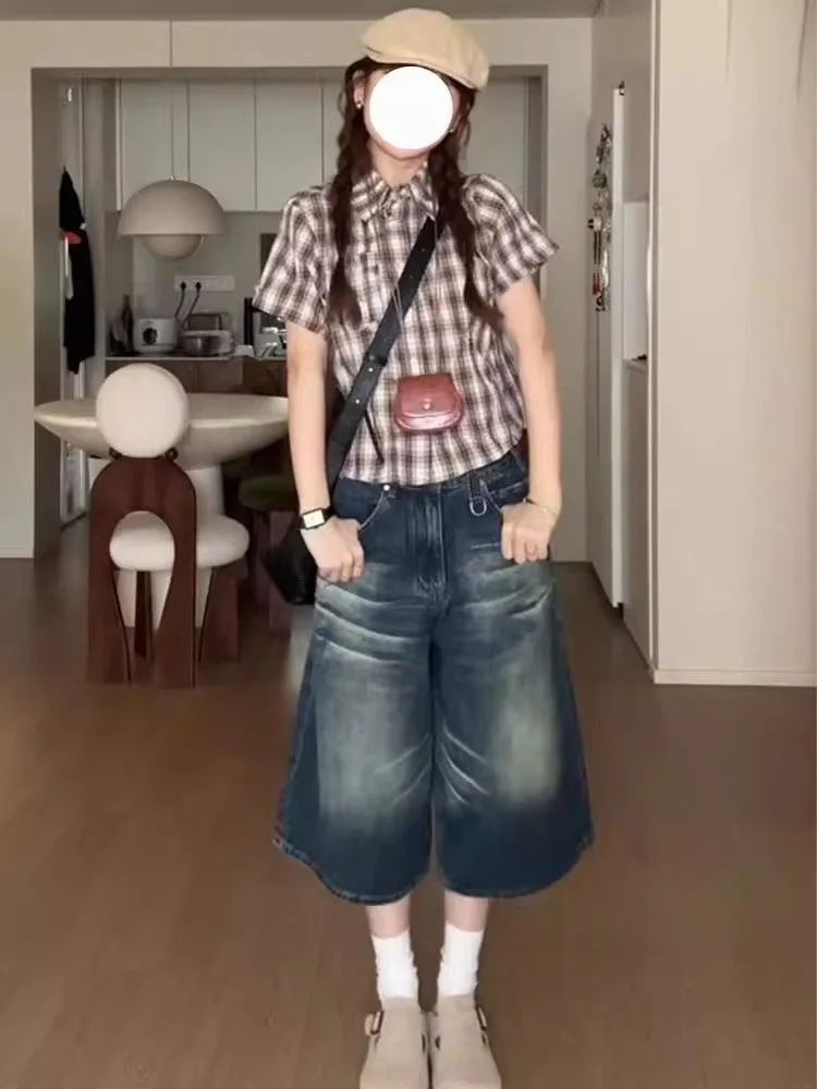 

Широкие джинсы с завышенной талией в стиле ретро, женские свободные джинсовые орты с высокой талией, осенние новые удобные повседневные орты большого размера