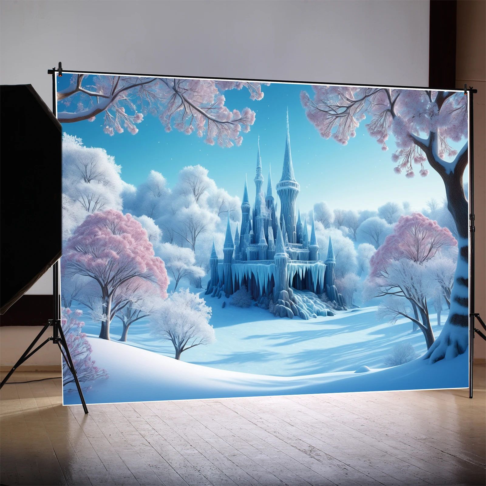 MOON.QG-cortina azul de Frozen, telón de fondo de fiesta de princesa de cumpleaños para niñas, 3D guirnalda, Fondo de Castillo, accesorios de