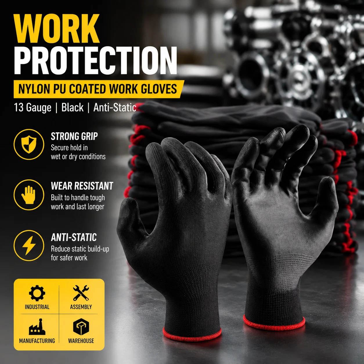 Nylon PU Coated Work Gloves 13 Gauge Black Anti Static Protective Labor Safety Mittens Industrial Wear Resistant