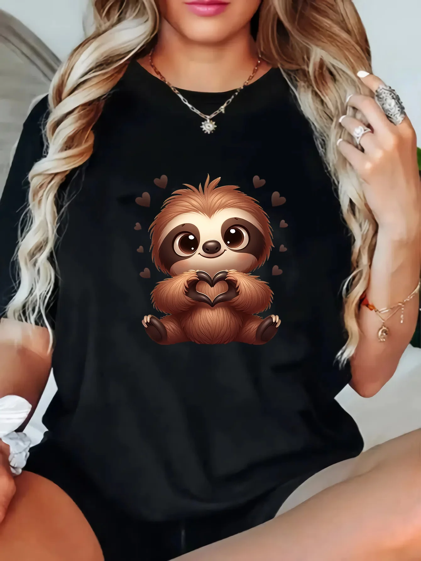 T-Shirt with Sloth Print, Crew Neck Short Sleeve with Slight Stretch, Geometric Pattern Knit Fabric Pullover for Spring/Summer