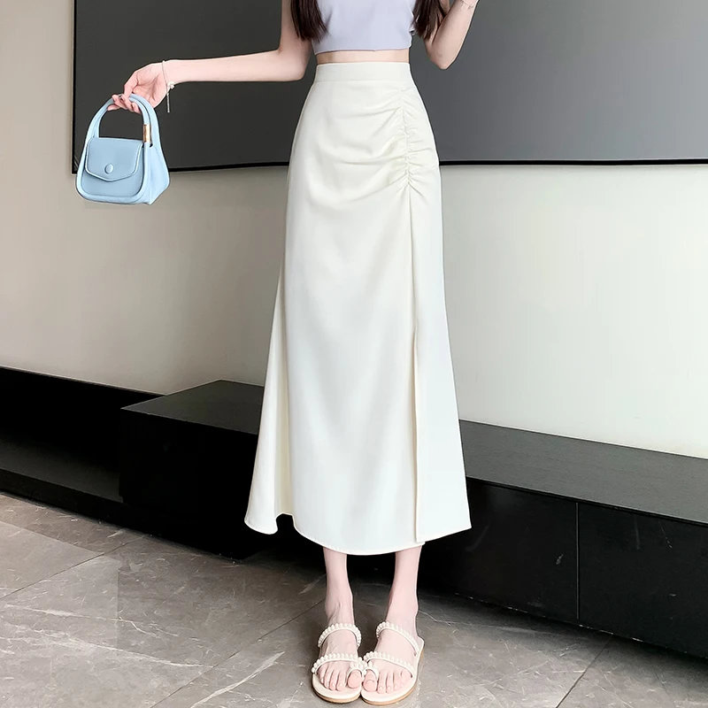 

New Fashion Folds High Waist Slit Mermaid Skirts Womens Summer Elegant Long Skirts Korean Office Lady Casual Midi Skirt